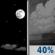 Tonight: A 40 percent chance of showers, mainly after 5am.  Increasing clouds, with a low around 45. West wind around 5 mph becoming calm. 