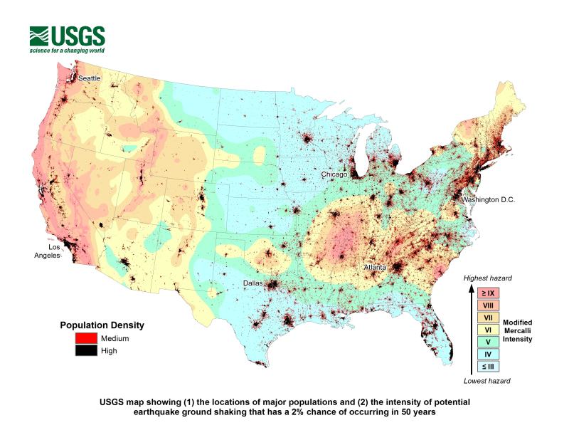 U.S. Potential of Earthquake Intensity for the Population with 2% Chance in 50 Years